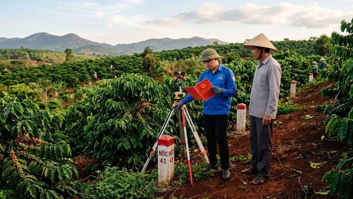 Kiểm tra ranh giới mốc tọa độ và sổ đỏ thực địa thửa đất rẫy tại Đắk Nông