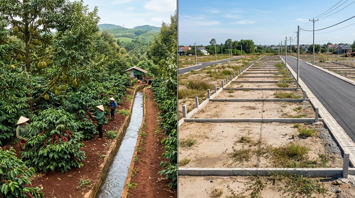 Hình ảnh so sánh đối đầu giữa đất nông nghiệp cà phê sầu riêng có dòng tiền thu hoạch và đất nền phân lô bỏ trống